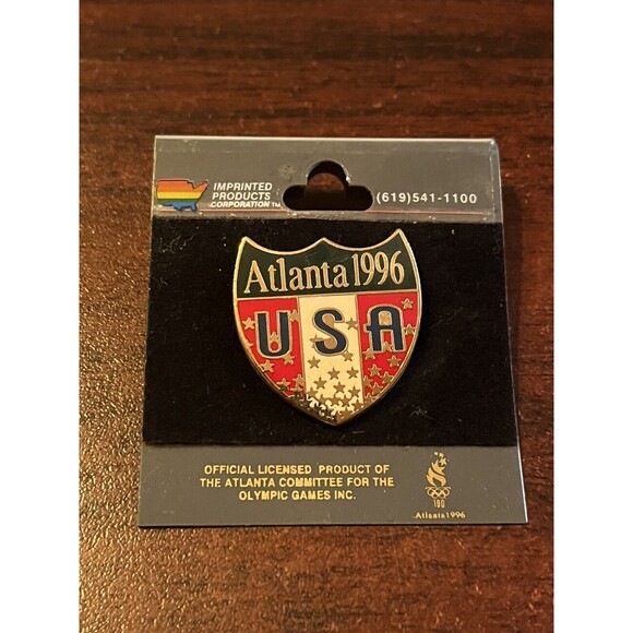 Vintage Atlanta Summer‎ Olympics Team USA Shield Crest Lapel Hat Pin - Picture 1 of 3